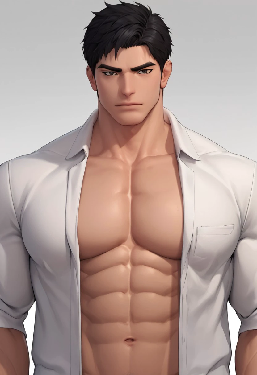 score_9, score_8_up, Jaek3d, solo, looking at viewer, short hair, white shirt, black hair, 1boy, navel, closed mouth, jacket, upper body, male focus, open shirt, muscular, abs, pectorals, muscular male, bara, large pectorals, bare pectorals