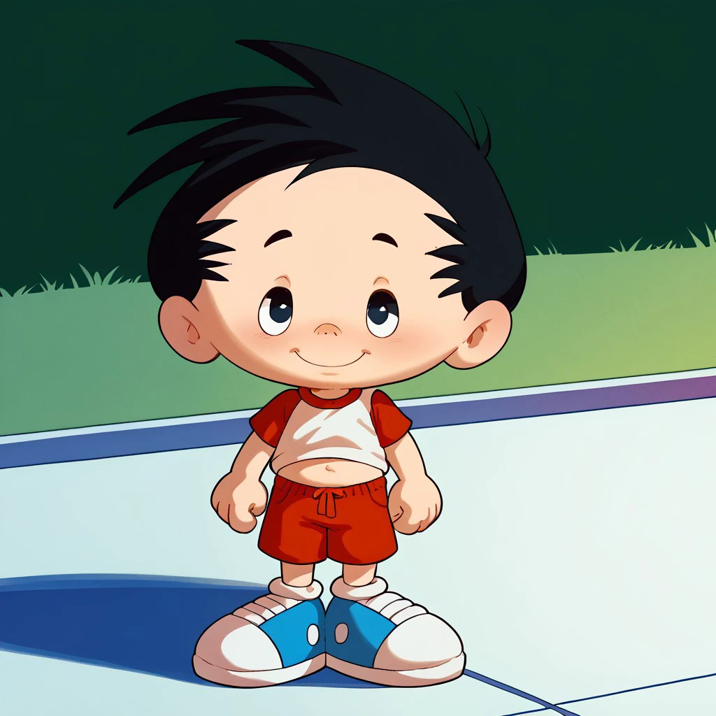 score_9, score_8_up, score_7_up, highly detailed, CuteCartoonStyle, cute boy, bobbygeneric, 1boy, male focus, solo, black hair, shorts, black eyes, male child, raglan sleeves, shirt, full body, standing, bobbygeneric, large eyes, white sclera with small black pupils, rounded head, short hair, dynamic spiky hair, small nose, exaggerated proportions, fair skin, simplified cartoon style,  playful appearance, Red and white t-shirt, raglan sleeve, red shorts, Oversized white and blue sneakers, park