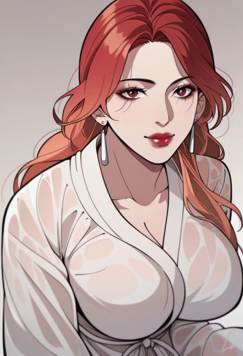 score_9, score_8_up, score_7_up, BREAK, TaoYaoying, long hair, gradient hair, red hair, orange hair, red eyes, large breasts, red lips, makeup, TaoBathrobe, earrings, white bathrobe, 1girl, solo,