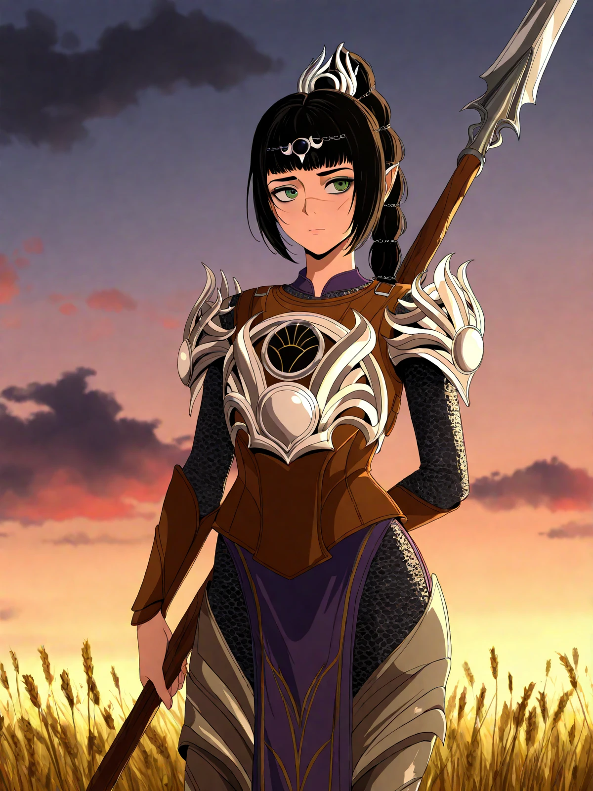 masterpiece, best quality, (coro fae, anime coloring:1.1)
BREAK
shadowheart \(baldur's gate\), black hair, long hair, ponytail, blunt bangs, braid, multi-tied hair, hair ornament, pointy ears, scar on face, green eyes, circlet, armor, breastplate, pauldrons, shoulder armor
BREAK
1girl, solo, standing, holding polearm, spear, polearm behind back, wheat field, dawn, cloud, cowboy shot
<lora:shadowheart_nai-eps-sv_fro-0.98-16-16:1>