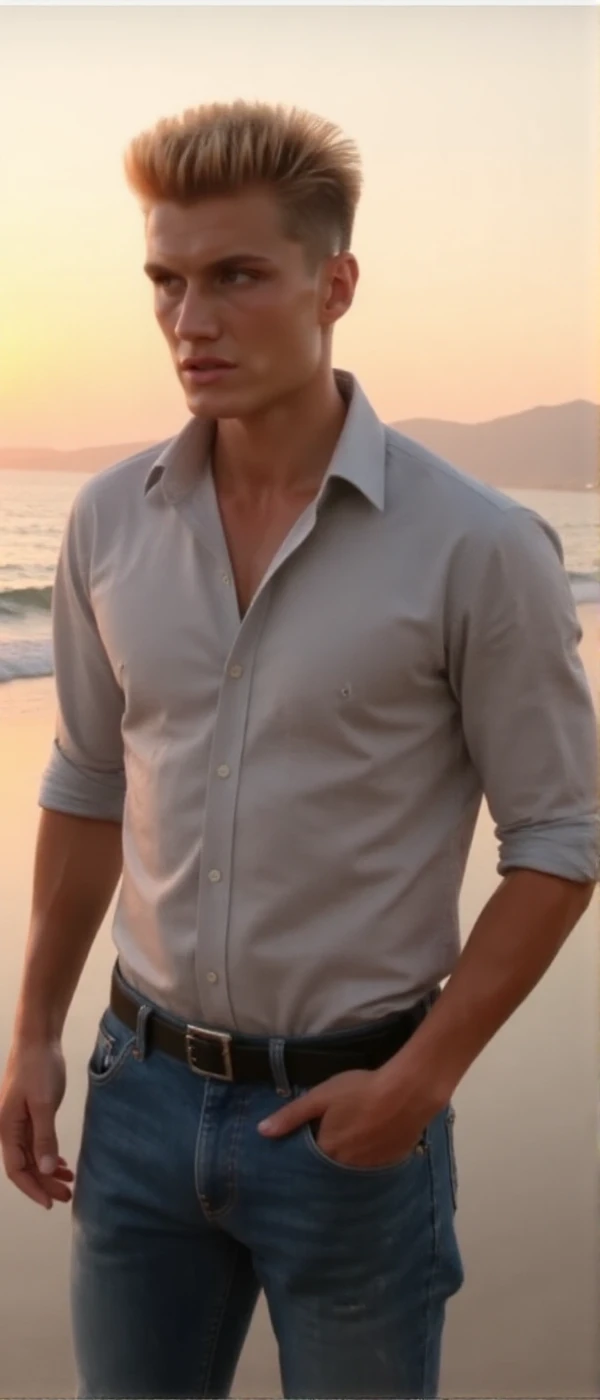 <lora:Ivan Drago:0.9> ivan drago, a man wears a buttondown shirt and jeans. He poses on the beach at sunset.