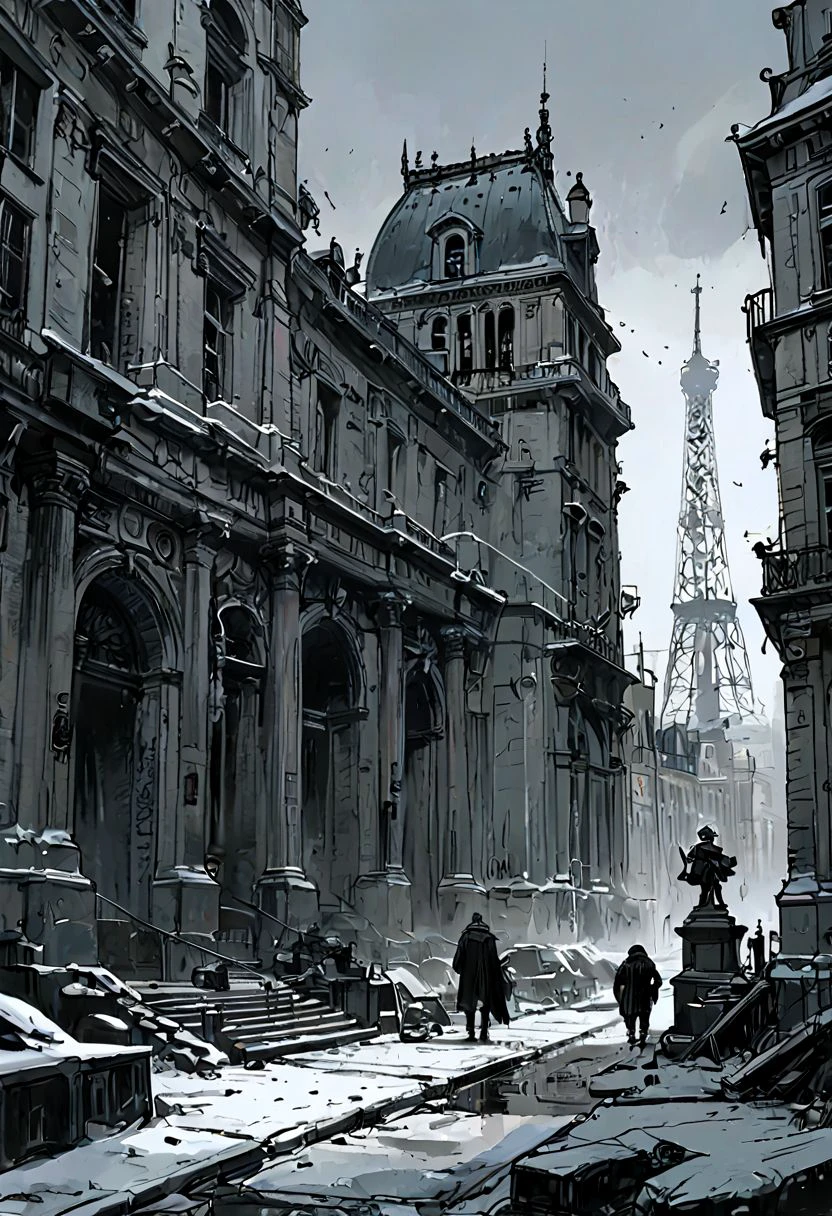 style by Jim Lee, Moebius, black and white illustration, dark night in lowkey, black sky, cinematic ground view of 2077 landscape of a frozen futuristic Paris, haussman architecture, Grand Palais, Le Louvre, Notre Dame,  post apocalyptic city, great composition, rules of third, organic city , (ultra realistic:1.2), bold lines, comics lineart, inked comics style,  concept art, crossing hatch, sketch, heavy inking, hard contrast, grungy white and black,two tones, black background <lora:_CHY_Vaporette_v01:-0.63>