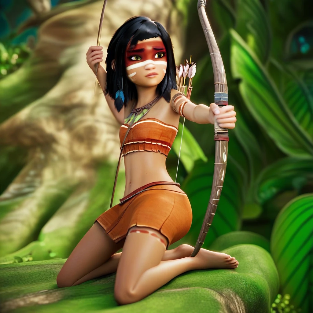 core_9, score_8_up, score_7_up, source_cartoon, prefect lighting, very aesthetic, intricate details, highly detailed background, high quality, prefect hands, best quality, ainbo, black hair, medium hair, brown eyes, facepaint, necklace, tribal clothes, tribal skirt,  kneeling on floor, bow (weapon), holding bow, arrow, holding arrow, feet, toes, full body, outdoors, amazon, tree, vegetation, 3d