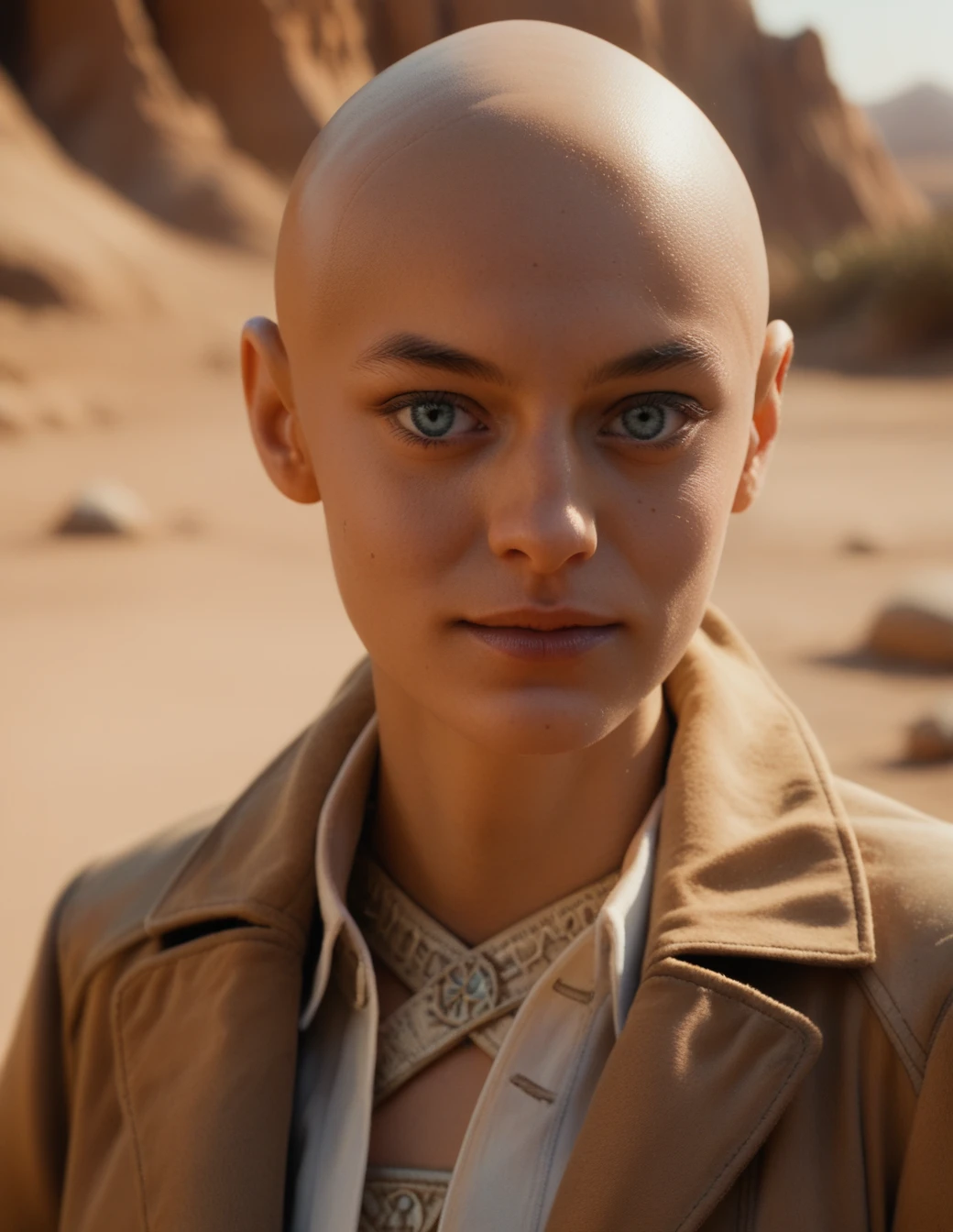 portrait, beautifu, blue eyes, desert background, solo, female, bald, coat<lora:Cassandra_Nova:0.8> cassandra_nova, score_9, score_8_up, score_7_up, score_6_up