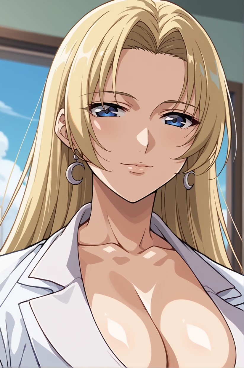 <lora:RiuruKaneshiro-09:1> RiuruKaneshiro, blonde hair, very long hair, cleavage, large breasts, blue eyes, black skirt, crescent earrings, jewelry, navel, pencil skirt, pantyhose, miniskirt, white shirt, underwear, white labcoat, no bra, thighhighs, standing, smile, closed mouth, looking at viewer, seductive smile, 8k, masterpiece, absurdes, highly detailed, highres, high quality, best quality, score_9, score_8_up, score_7_up, score_6_up, looking at viewer, portrait, upper body, close-up, bust, solo, solo focus, depth of field, anime screencap, anime coloring,, shiny, shiny skin, shiny hair