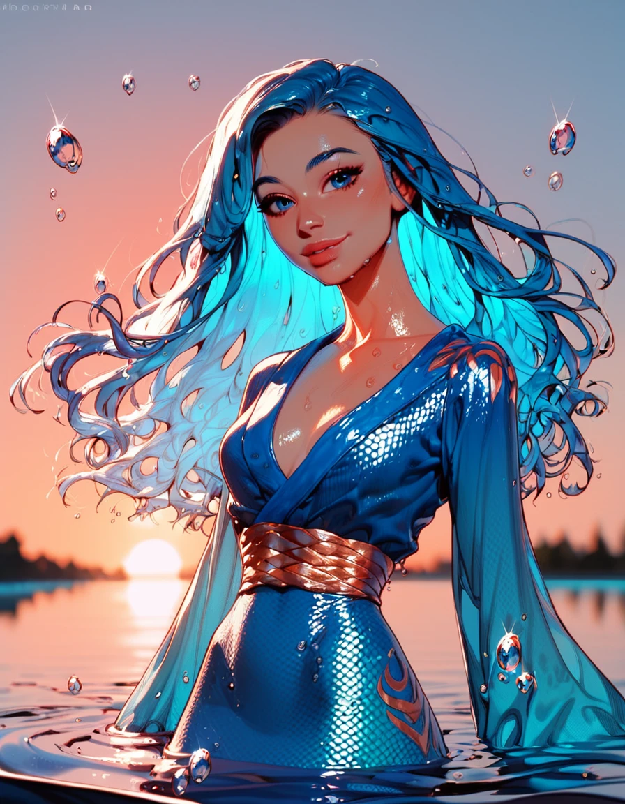 score_9, score_8_up, score_7_up, score_6_up,  <lora:erowestgl_v1.0:1>, Cowboy Shot, girl, cute, seductive, innocent, light smile:0.3, plump lips, slender body, floating blue hair, long hair, water:0.7, waterdrop, wet, high detailed blue kimono texture, intricate pattern, ultra detailed, textured clothing, softlight passing through hair, sunset, lake background, 4n1v3rs3, depth of field, dynamic angle, fashion photography, sharp, hyperdetailed:1.15, ppm3r41ds, mermaid