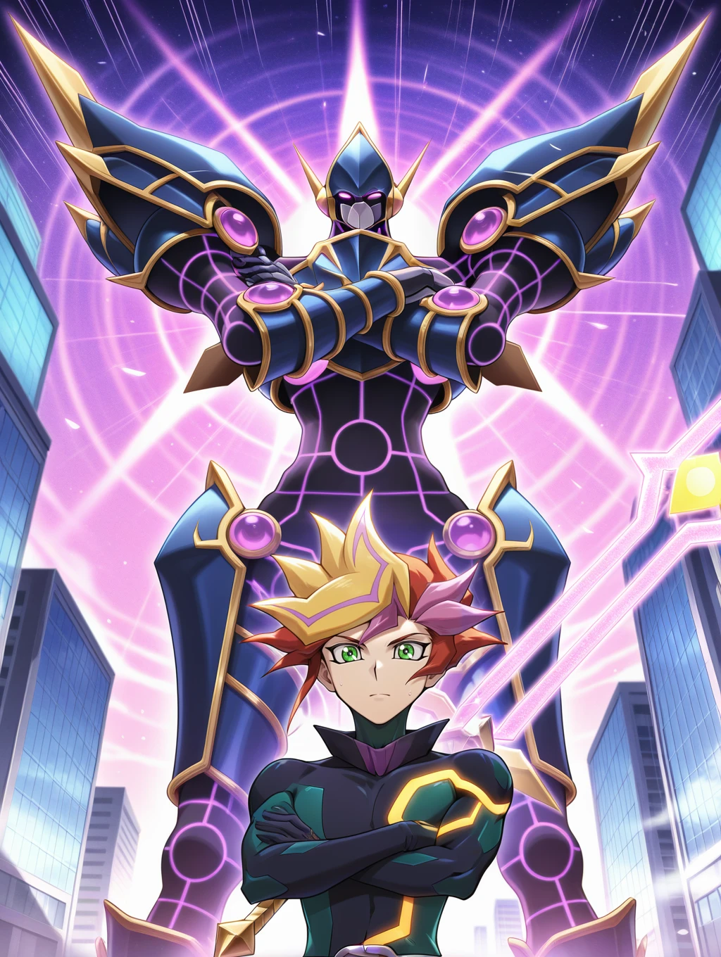 playmaker \(yu-gi-oh!\),closed mouth,serious,looking at viewer,black bodysuit,high collar,other,mecha,robot,decode talker,1other,city,motion lines,flying,from below,1boy,holding energy sword,crossed arms,
masterpiece,best quality,amazing quality,very aesthetic,absurdres,newest,
<lora:Playmaker, Accesscode, Decode Talker & Firewall Dragon illuXL v1.1:0.8>,