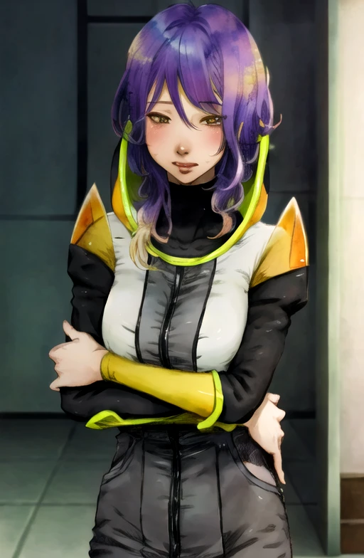 ((best quality)), ((masterpiece)), (detailed),   <lora:Gina-07:0.9>, gina, purple hair, yellow eyes, honey,  blush, sexy pose