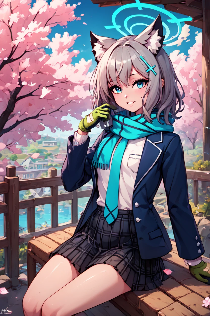 score_9, score_8_up, score_8, medium breasts, (curvy), cute, eyelashes,       BREAK, , ,,,  zzShiroko, blue eyes, animal ears, grey hair, wolf ears, animal ear fluff,  halo, hair ornament, cross hair ornament, mismatched pupils, extra ears, medium hair, blazer, blue scarf, long sleeves, open jacket, pleated skirt, school uniform, solo, blue jacket, blue necktie, hair between eyes, parted lips, plaid skirt, white shirt, black skirt, green gloves, <lora:Shiroko_BlueArchive_PDXL:1.0>,  ,,,  , BREAK, sitting on bench, side view, smile, looking at viewer, cowboy shot,  ,,, BREAK, pnkBldng, sky, day, cloud, tree, blue sky, building, architecture, east asian architecture,  ,,, BREAK, embedding:zPDXL, Expressiveh,  ,,, <lora:PinkBuildingsPDXL_v2:0.6>, <lora:SDXLFaeTastic2400:0.5>, <lora:Expressive_H-000001:0.4>