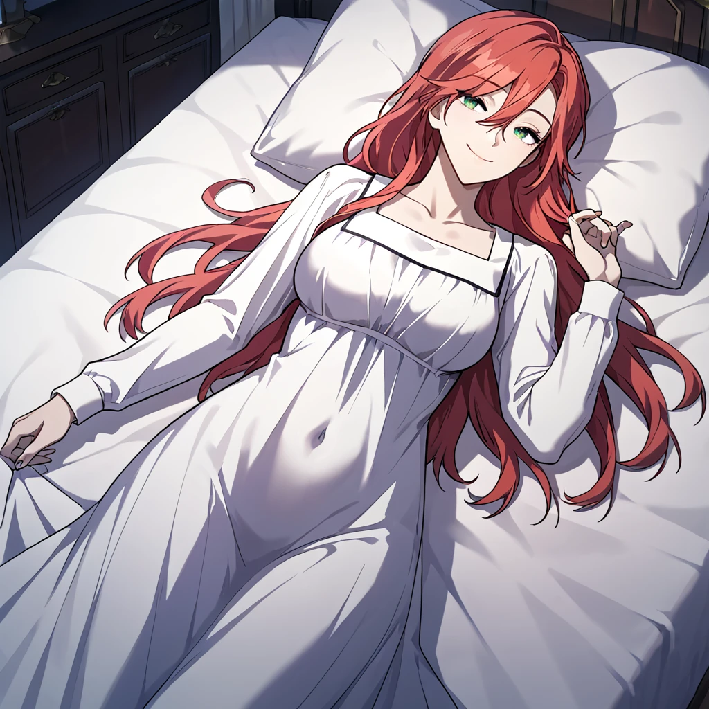 1girl, solo, amy_karmis, green eyes, red hair, long hair, breasts, bangs, hair between eyes, nightgown, white night gown, long sleeves, long dress, 
looking at viewer, head tilt, smile, 
score_9, score_8_up, score_7_up, masterpiece,zPDXL3,  indoors, bed, on back, lying, on bed, 
<lora:Amy_Karmis:0.75>