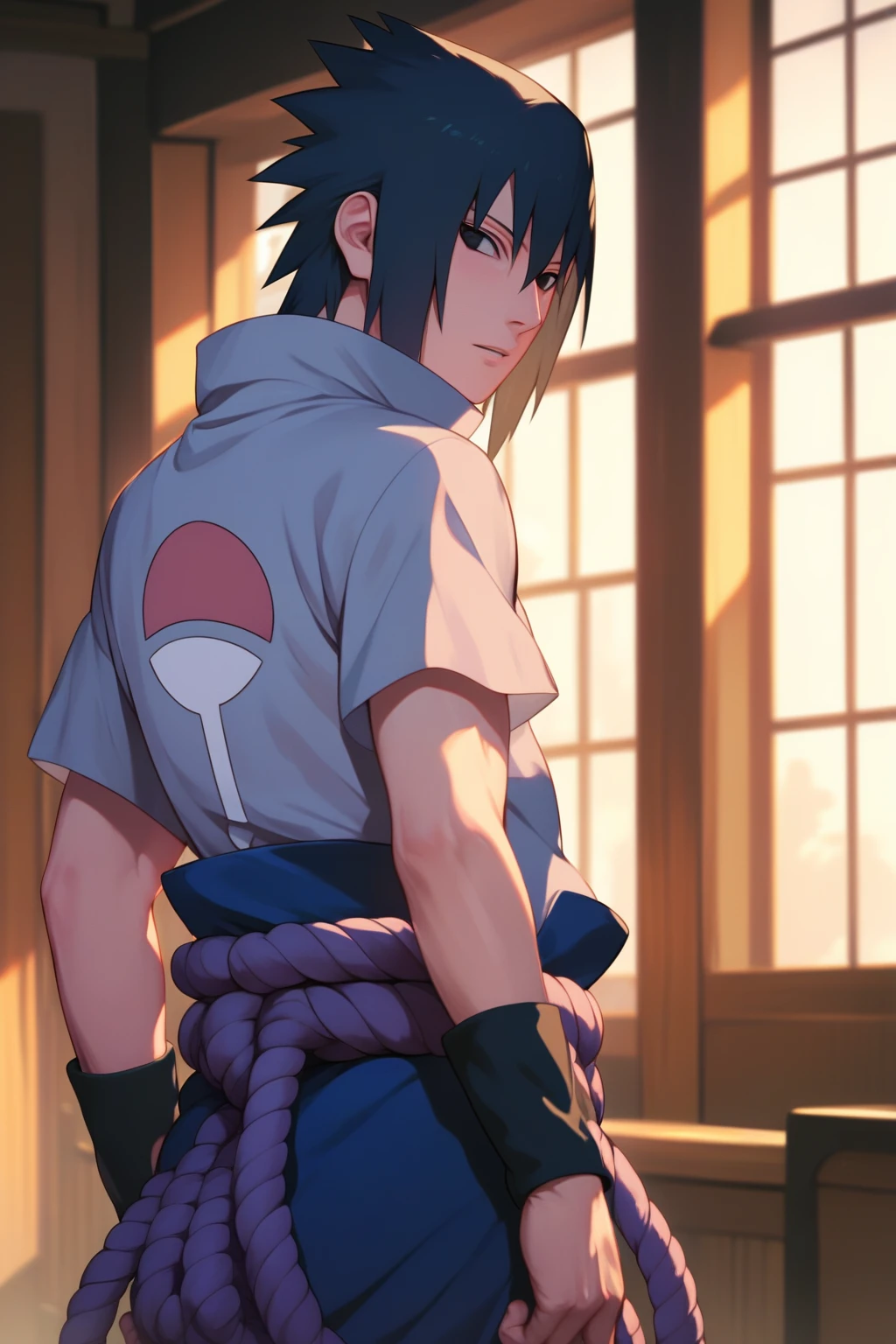 score_9, score_8_up, score_7_up, source_anime, detailed, novel illustration, wallpaper, beautiful details, sasuke uchiha, 1boy, hair between eyes, black hair, black eyes, looking at viewer, grey shirt, uchiha symbol on shirt, short sleeves, rope, ninja, standing, cowboy shot, from behind, looking back, indoors