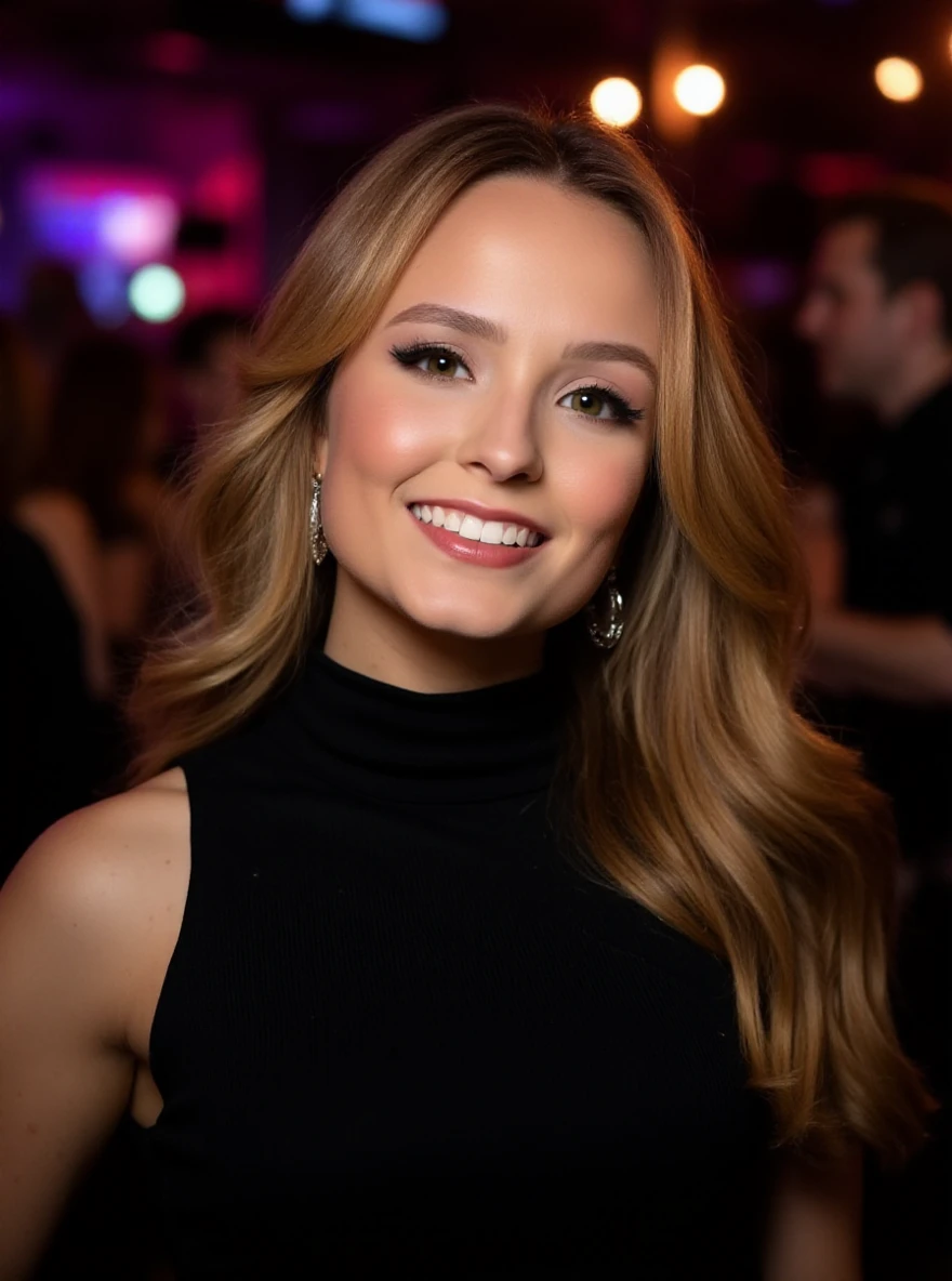 Portrait photo of l4riss4man0ela woman, black turtleneck blouse, in a night club, makeup, smile

