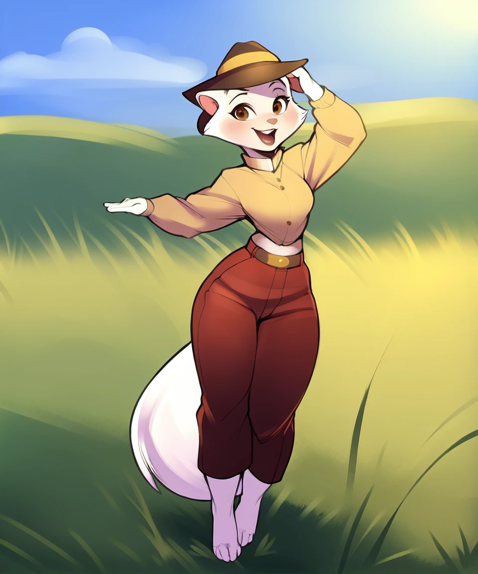 solo, sawyer, female, brown eyes, lipstick, street clothes, open smile, dancing, red trilby, detailed background, grassy field, by lillymoo,by greasymojo, <lora:Sawyer_01-Yiffymix-nd032-ep36:1>