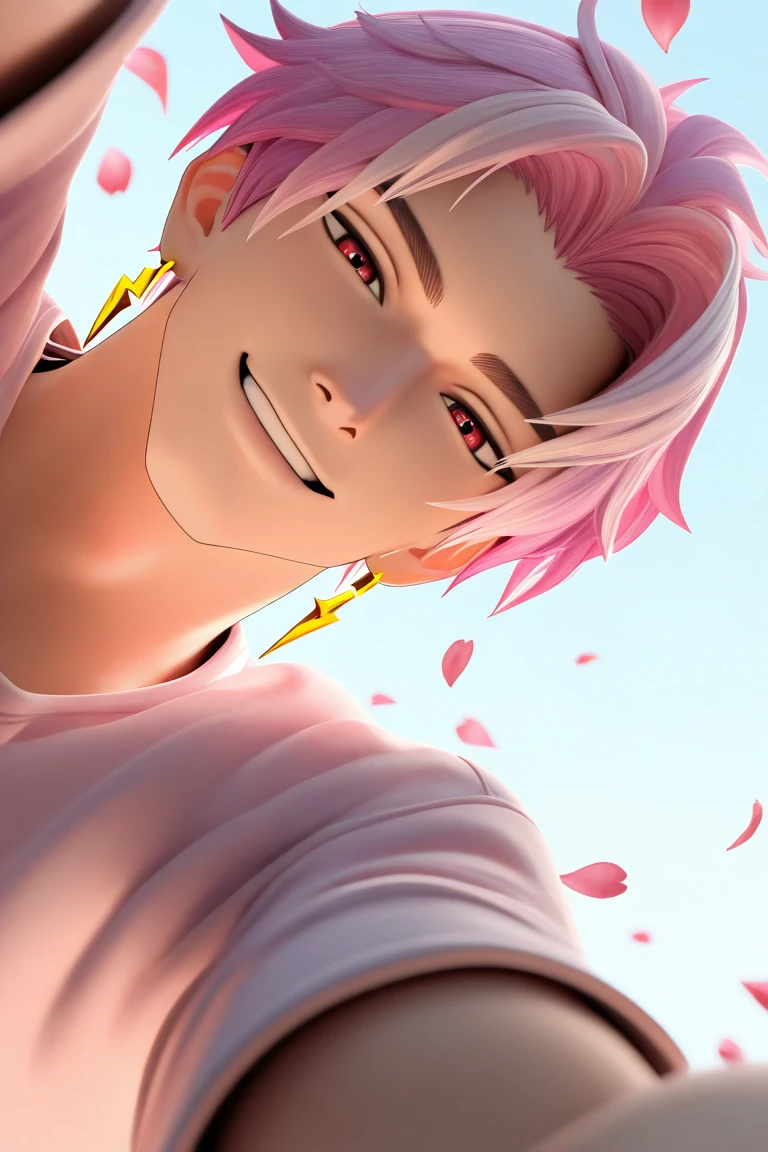 3D character, day, natural lighting, spring theme, flowers, petals, male focus, selfie, outstretched arms, looking down at viewer, expressive face, smiling, SPFredrinnML, red_SPFredrinnML_eyes, pink_SPFredrinnML_male hair, gold_SPFredrinnML_earrings, shirt, 1boy, blurry outdoors, from below, dutch angle, intricately detailed illustration, masterpiece, best quality, amazing quality, very aesthetic, absurdres, newest