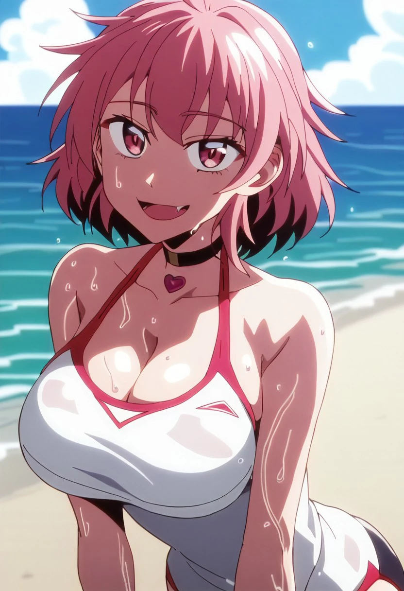 minamikotobuki\(oshinoko\), 1girl (masterpiece) (best quality)(shiny hair)(shiny skin)(shiny skin), 1 girl, solo, short hair, boob curtain, under boobs, upper body, (micro bikini), presenting armpit, bare shoulder, collar bone, mole, arm up, beach, selfie
