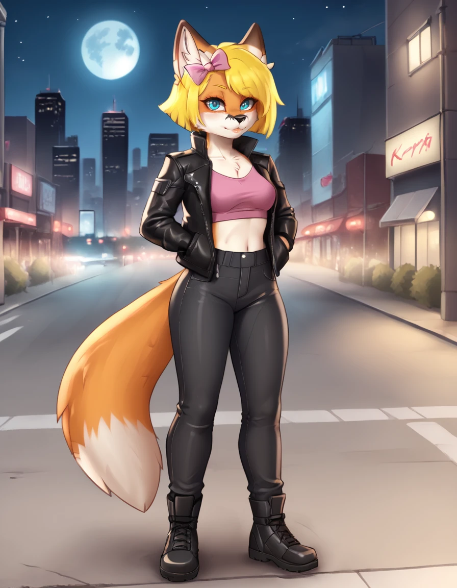 outdoors,detaile background,cityscape,street,cyberpunk,night, night sky, full moon, 
Katinka,1girl,solo,short hair,blonde hair,animal ears,fox ears,furry female,fox tail,blue eyes,hair bow,pink bow,fox girl,white fur,animal nose,bangs,body fur,two-tone fur,
full body,seductive smile,long eyelashes,
leather pants,leather jacket,
<lora:Katinka_v01_PDXL:1>,