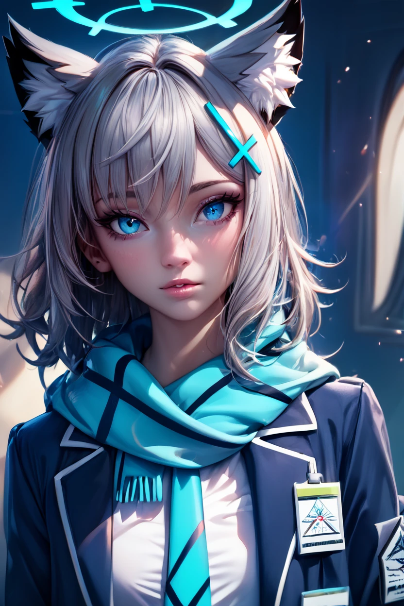 score_9, score_8_up, score_8, medium breasts, (curvy), cute, eyelashes,       BREAK, , ,,,  zzShiroko, blue eyes, animal ears, grey hair, wolf ears, animal ear fluff,  halo, hair ornament, cross hair ornament, mismatched pupils, extra ears, medium hair, blazer, blue scarf, long sleeves, open jacket, pleated skirt, school uniform, solo, blue jacket, blue necktie, hair between eyes, parted lips, plaid skirt, white shirt, black skirt, green gloves, <lora:Shiroko_BlueArchive_PDXL:1.0>,  ,,,  , BREAK,  (ultra realistic,32k, masterpiece:1.2),(high detailed skin:1.1),( high quality:1.1), head tilt, lips, closed mouth, shiny clothes, (upper body), looking at viewer, bokeh, luminescent background, ,,, embedding:zPDXL, Expressiveh, ,,, <lora:RlAnmPDXL:1.0>,