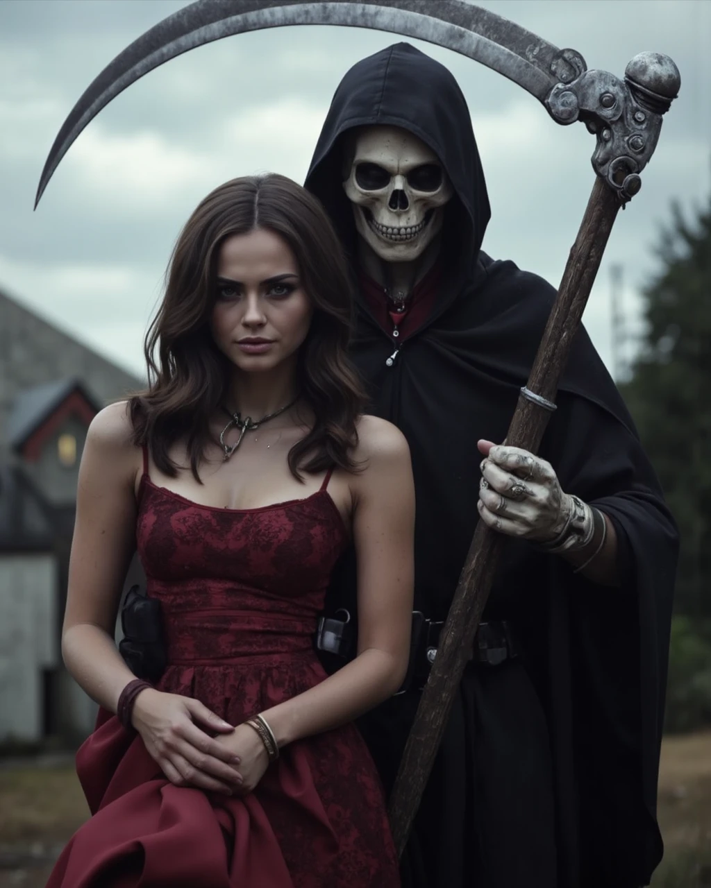 A dramatic portrayal of a grim reaper and xenia_deli. The reaper, wearing a black hooded cloak and holding a scythe, stands beside the woman, who wears a red dress with intricate lace detailing. xenia_deli, with long dark hair, gazes directly at the camera with a contemplative expression. The background is a muted, overcast sky with a house visible in the distance. The image's color palette consists primarily of dark, muted tones, with the red of the woman's dress contrasting against the white of the reaper's skull and the gray of the house.