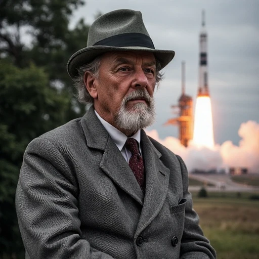 <lora:tsiolkovsky:1> tsiolkovsky a 8k HDR fullcolor photo of a man wearing a blazer and a bowler hat, standing in front of a backdrop of trees. Against the background of the launch pad for the launch of a space rocket