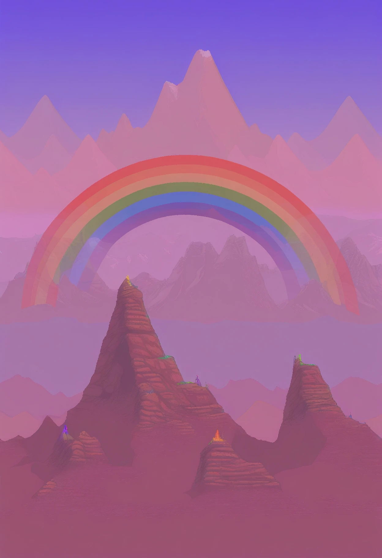 masterpiece, best quality, <lora:background-terraria-richy-v1_ixl:1> terrariabackground, rainbow, mountainous horizon, mountain, blue sky