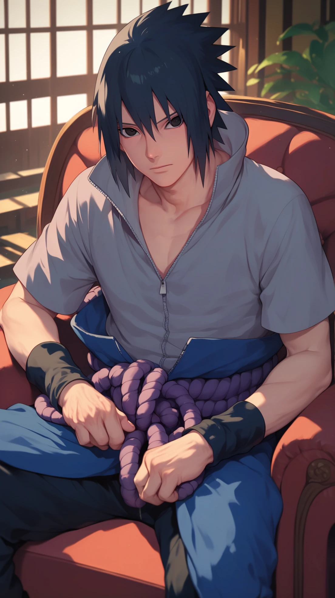 score_9, score_8_up, score_7_up, source_anime, detailed, novel illustration, wallpaper, sasuke uchiha, 1boy, hair between eyes, black hair, black eyes, looking at viewer, grey shirt, short sleeves, collarbone, zipper, zipper pull tab, black wristband, rope, ninja, sitting on armchair, pants, indoors