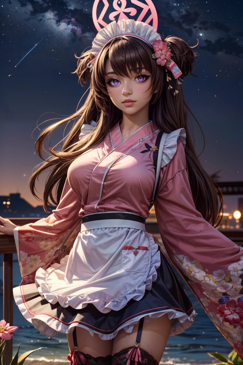 (ultra realistic,32k, masterpiece:1.2),(high detailed skin:1.1),( high quality:1.1), <lora:IllyasvielVonEinzbern_v1:0.7>, zzIllya, looking at viewer, night, outdoors, sky, BREAK,   <lora:Shizuko_BlueArchive_Citron:0.8>, zzShizuko, hair ornament, long hair, maid headdress, purple eyes, brown hair, halo, twintails, animal ears, hair flower, very long ,hair, fake animal ears , frilled apron, long sleeves, pink kimono, two side up, wa maid, white apron, wide sleeves, bell, hair bow, black skirt, white thighhighs, black hair, frilled thighhighs,   ,BREAK,  blooming stars, luminescent petals, otherworldly fragrance blurry background, (looking at viewer, standing:1.1), huge breast, large breast, <lora:add_detail:0.92>, (glowwave:1.1),