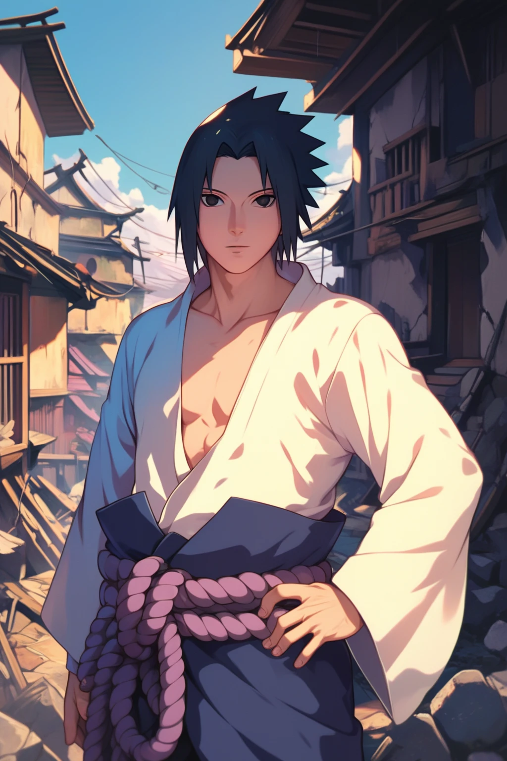 score_9, score_8_up, score_7_up, source_anime, detailed, novel illustration, wallpaper, sasuke uchiha, 1boy, black hair, black eyes, looking at viewer, white shirt, japanese clothes, long sleeves, wide sleeves, open clothes, rope, ninja, standing, cowboy shot, hand on hip, outdoors, ruins, rocks, nature