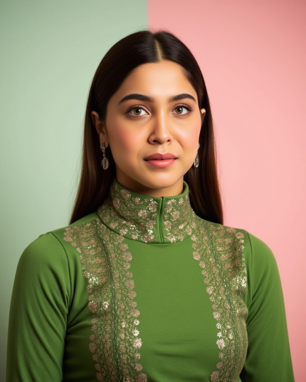 headshot photo of Sharvari Wagh woman,candid photo with natural colors, serious expression on face,studio quality, wearing intricate conservative turtleneck Green Churidar Suit, straight hair, pastel shaded multicolored background, cinematic soft lighting<lora:TestBed\Sharvari_Wagh_2024_Flux_Kohya_LoRA_v1.safetensors:1.0:1.0>