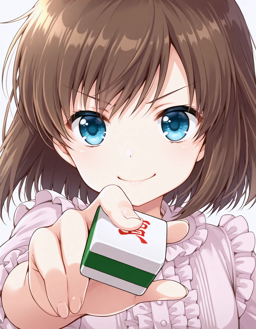 <lora:toki_illust_1:0.8>  1girl, solo, onjouji toki, frilled shirt, holding mahjong tile, incoming hand, smile, v-shaped eyebrows, portrait,
masterpiece, best quality,