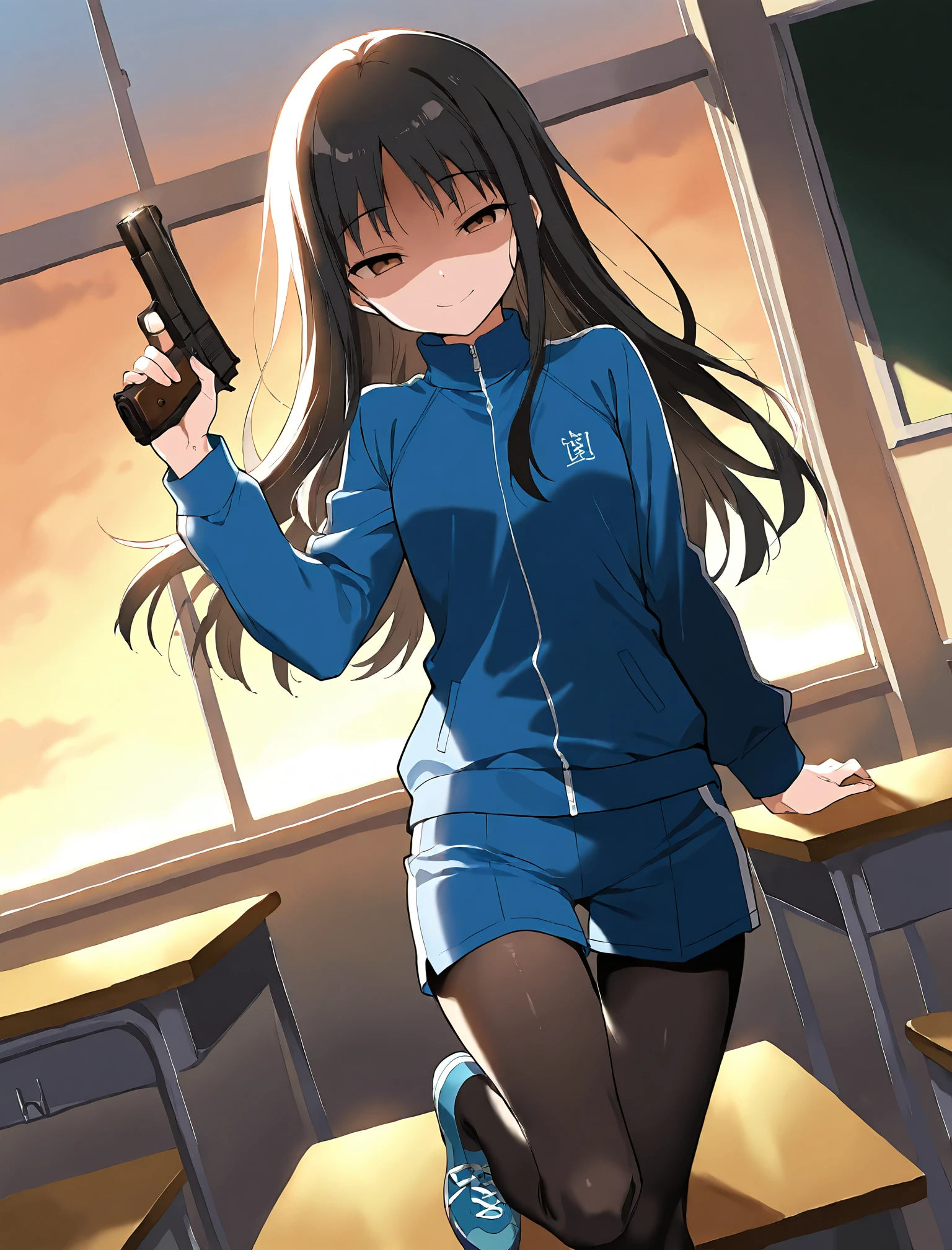 <lora:Yukiko_Kanzaki_i1:1>,1girl,solo,Yukiko Kanzaki,black hair,long hair,brown eyes,blue track jacket,blue shorts,black_pantyhose,blue shoes,
petite,narrowed eyes,smile,shaded_face,cinematic_angle,classroom,dusk,handgun up,
absurdres,masterpiece,best quality,amazing quality,very aesthetic,