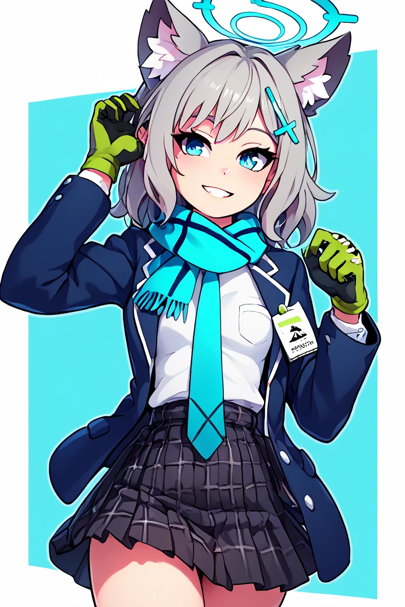 score_9, score_8_up, score_8, medium breasts, (curvy), cute, eyelashes,       BREAK, , ,,,  zzShiroko, blue eyes, animal ears, grey hair, wolf ears, animal ear fluff,  halo, hair ornament, cross hair ornament, mismatched pupils, extra ears, medium hair, blazer, blue scarf, long sleeves, open jacket, pleated skirt, school uniform, solo, blue jacket, blue necktie, hair between eyes, parted lips, plaid skirt, white shirt, black skirt, green gloves, <lora:Shiroko_BlueArchive_PDXL:0.8>,  ,,,  , BREAK, smile, looking at viewer, ,,, abstract background, white outline, cowboy shot, ,,, embedding:zPDXL, Expressiveh, ,,, <lora:theOtherHalfPDXL:0.8>, <lora:CatalystStylePDXL:0.6>, <lora:SDXLFaeTastic2400:0.5>, <lora:Expressive_H-000001:0.4>,