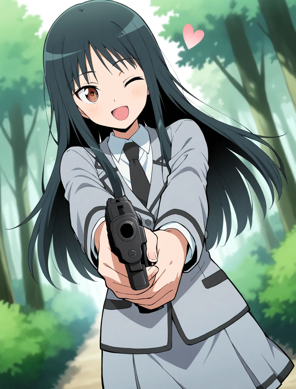 1girl,solo,Yukiko Kanzaki,black hair,long hair,brown eyes,school_uniform,gray jacket,gray skirt,white_shirt,collared_shirt,black necktie,aiming_at_viewer,holding handgun,one eye closed,;d,heart,depth_of_field,forest,face_focus,dutch angle,
masterpiece,best quality,amazing quality,very aesthetic,absurdres,anime screenshot,<lora:Yukiko_Kanzaki_i1:1>,