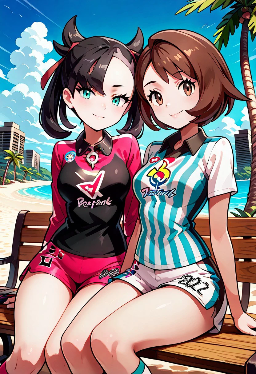 masterpiece, best quality, 32k, high resolution, absurdres, medium breasts, (curvy), cute, eyelashes, vivid colors,
BREAK
,,,
2girls, beach, zzMarnie, aqua eyes, red ribbon, black hair, Gloria (pokemon), brown eyes, brown hair, short hair, gloriaUniform, collared shirt, white socks, white shorts, short shorts, kneehighs, striped shirt, print shirt, vertical stripes,
,,,
bikini, sitting on bench, side view, smile, looking at viewer, cowboy shot,
,,,
zzDelfinoPlaza, sky, day, cloud, blue sky, building, palm tree, fruit,