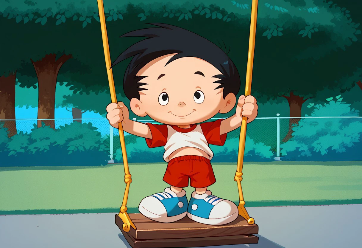 score_9, score_8_up, score_7_up, highly detailed, CuteCartoonStyle, cute boy, bobbygeneric, 1boy, male focus, solo, black hair, shorts, black eyes, male child, raglan sleeves, shirt, full body, standing, bobbygeneric, large eyes, white sclera with small black pupils, rounded head, short hair, dynamic spiky hair, small nose, exaggerated proportions, fair skin, simplified cartoon style,  playful appearance, Red and white t-shirt, raglan sleeve, red shorts, Oversized white and blue sneakers, park, swinging, tree, swing, anoyed