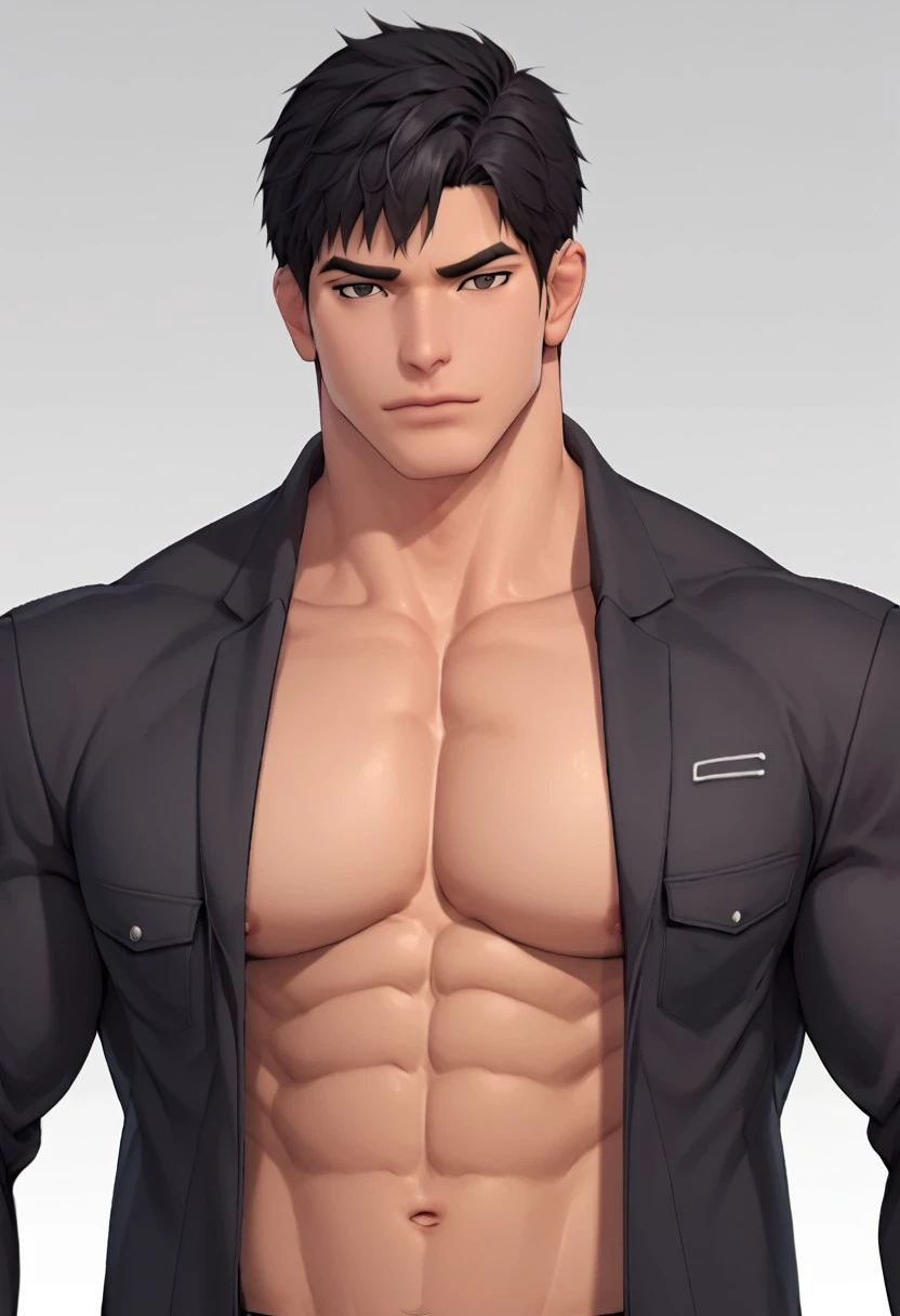 score_9, score_8_up, Jaek3d, solo, looking at viewer, short hair, shirt, black hair, 1boy, navel, closed mouth, jacket, upper body, male focus, open clothes, open jacket, black jacket, open shirt, muscular, abs, pectorals, muscular male, bara, large pectorals, bare pectorals