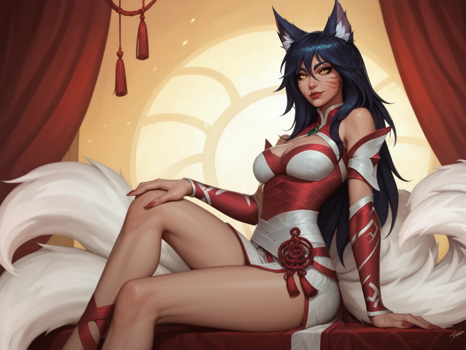 score_9, score_8_up, score_7_up,
best aesthetic, High-Res, Masterpiece, High Quality,
1girl, solo, breasts, dimlight, sitting, sexy, dark room,
1girl, animal ears, fox ears, facial mark, black hair, long hair, yellow eyes, tail, fox tail, whisker markings, slit pupils, ahri_rk
<lora:Ahri_Ruined_KingLeague_of_Legends:0.7>