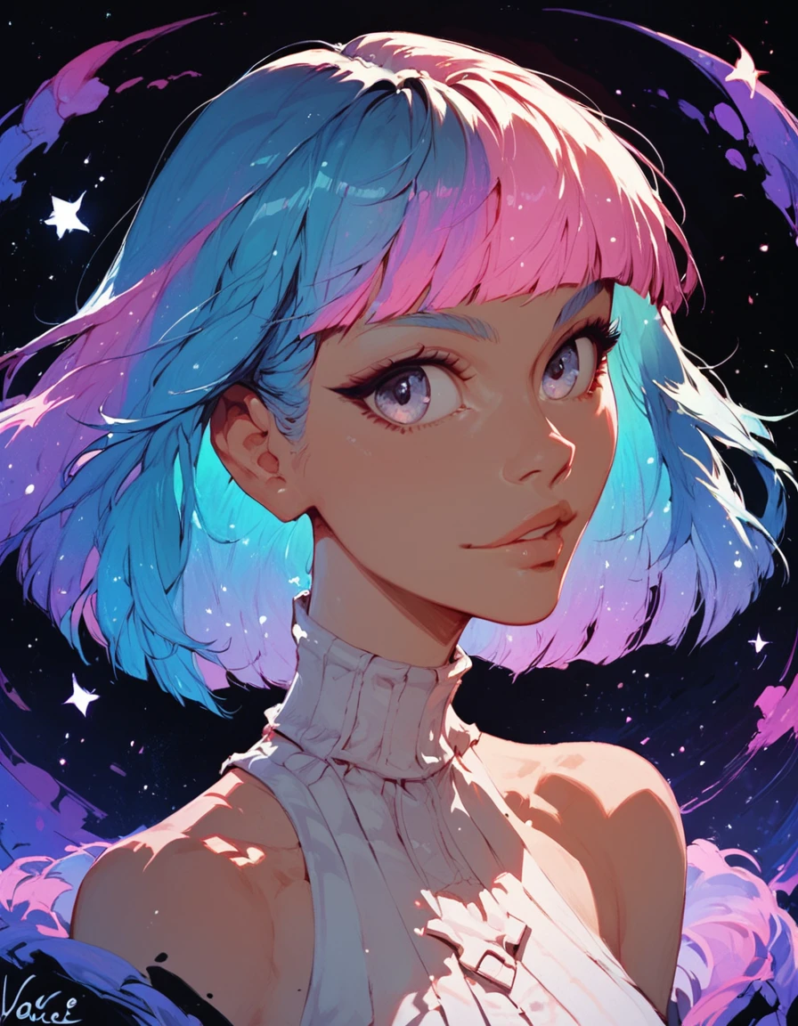 score_9,score_8_up,score_7_up, <lora:erowestgl_v1.0:1> erowestgl, 1girl, portrait, multicolored hair, fringe, bare shoulders, upper body, cosmic.