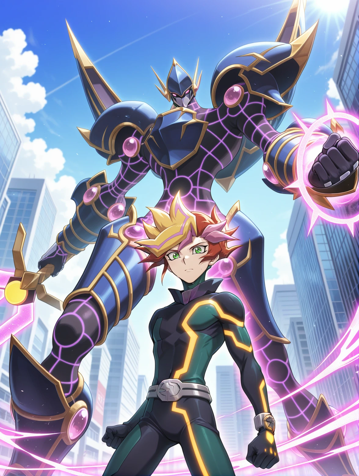 playmaker \(yu-gi-oh!\),closed mouth,serious,looking at viewer,black bodysuit,high collar,other,mecha,robot,decode talker,1other,city,motion lines,flying,from below,1boy,holding energy sword,clenched hand,
masterpiece,best quality,amazing quality,very aesthetic,absurdres,newest,
<lora:Playmaker, Accesscode, Decode Talker & Firewall Dragon illuXL v1.1:0.8>,