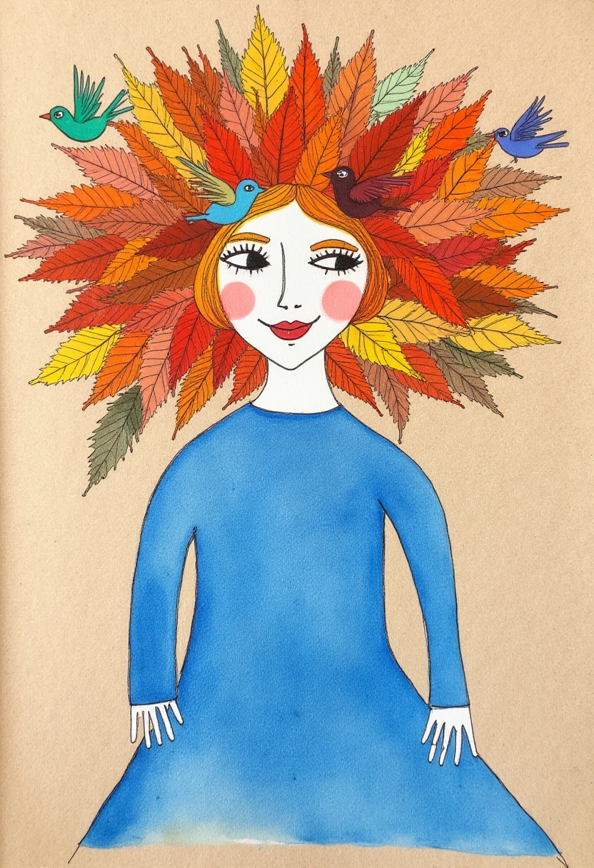 on a sheet of textured kraft paper, felt pen and watercolor drawing of the goddess of autumn, very beautiful woman wearing a blue dress, mischievous smile, hair of colored dead leaves, colorful birds flying around her, margeougreve,