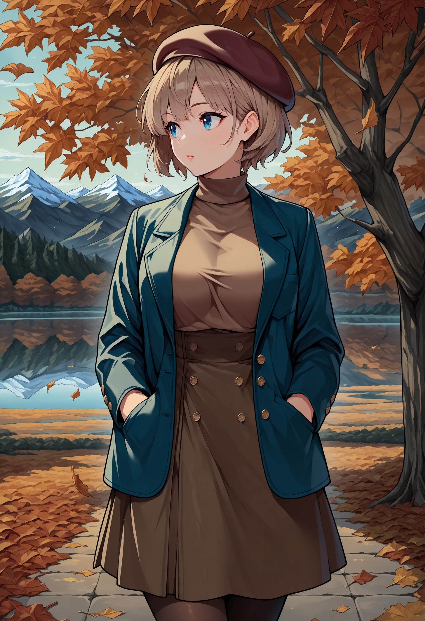 masterpiece, best quality, looking to the side, 1girl, short hair, light brown hair, blue eyes, beret, blazer, turtleneck, high-waist skirt, pantyhose, hands in pocket, outdoors, autumn, lake, tree, mountain, falling leaves, wind