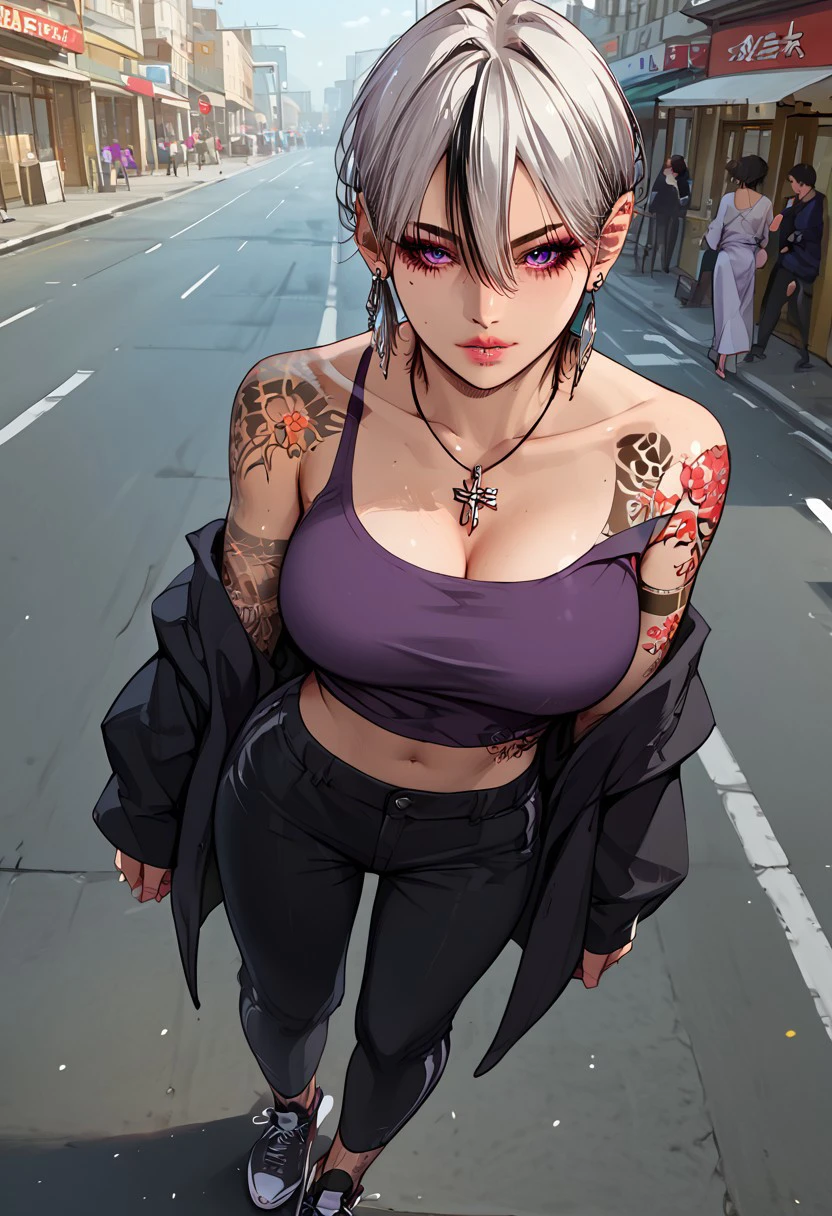 score_9, score_8_up, score_7_up, (source_anime), 1girl, (masterpiece, best quality, ultra-detailed, high quality, high res), solo, 1girl, perfect female anatomy,beautiful eyes,Takeda Kaneshiro,White hair, layer black,Wolf cut mullet,Short hair,Purple eyes,Tattoos,Long earrings,Necklace, large breasts,  black kimono, purple tank top, navel, necklace, long earrings on one side, black elastic pants,, full body, on street, black sneakers, kimono outside.