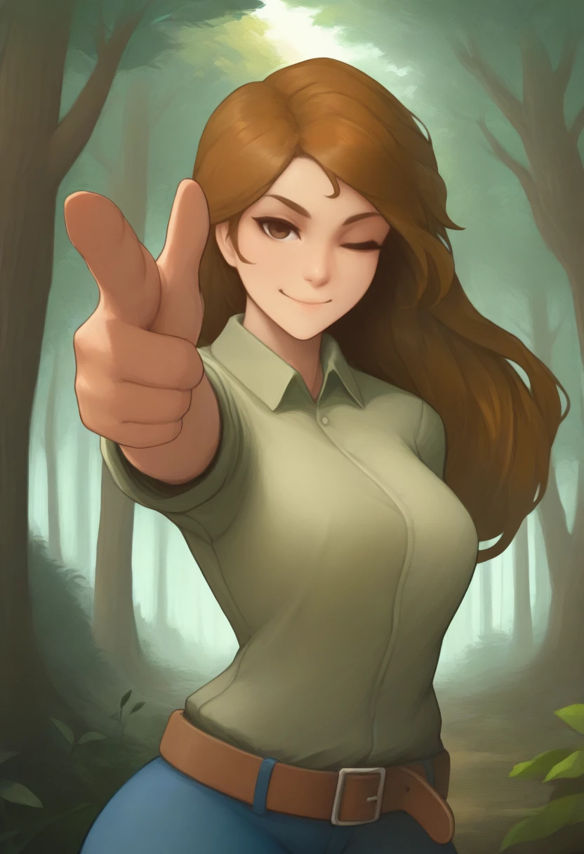 masterpiece, best quality, solo, 1girl, smile, looking at viewer,  <lora:Guide-illus_Fp-000005:1>, guidetre, brown hair, brown eyes, long hair, green shirt, collared shirt, belt, blue pants, forest, one eye closed, finger gun, aiming at viewer,