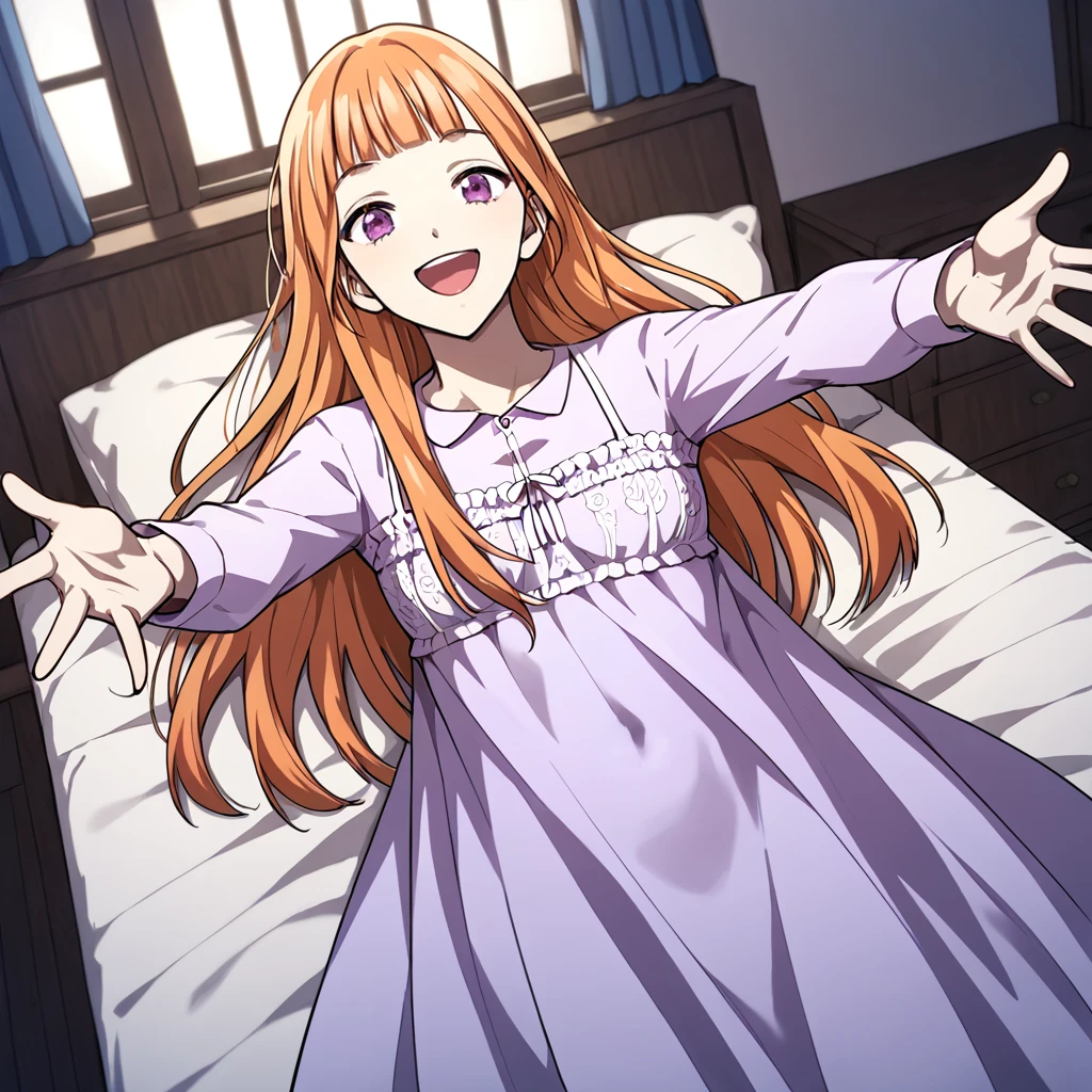 1girl, solo, sharelle, long hair, blunt bangs, bangs, orange hair, purple eyes, dress, nightgown, purple nightgown, smile, open mouth, outstretched arms, 
looking at viewer,
score_9, score_8_up, score_7_up, masterpiece,zPDXL3, indoors, bed, on bed, on back, lying, 
 <lora:Sharelle:0.85>