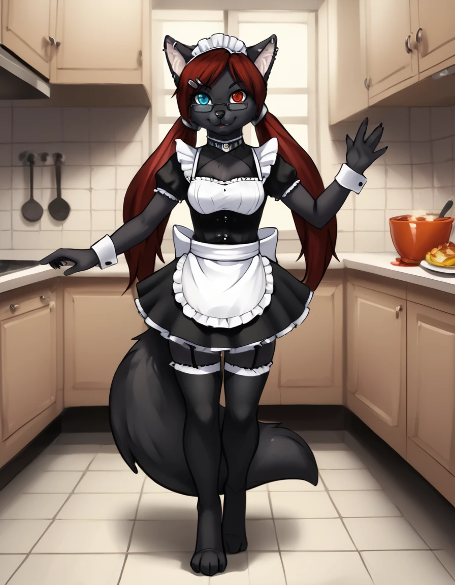 indoors,detailed background,kitchen,
Sherly_Karu,1girl,solo,animal ears,furry female,red hair,long hair,heterochromia,black fur,glasses,twintails,blue eyes,red eyes,piercing,collar,body fur,cat ears,animal nose,
full body,seductive smile,happy,
maid, maid headdress, thighhighs,
<lora:Sherly_Karu_v01_PDXL:1>,