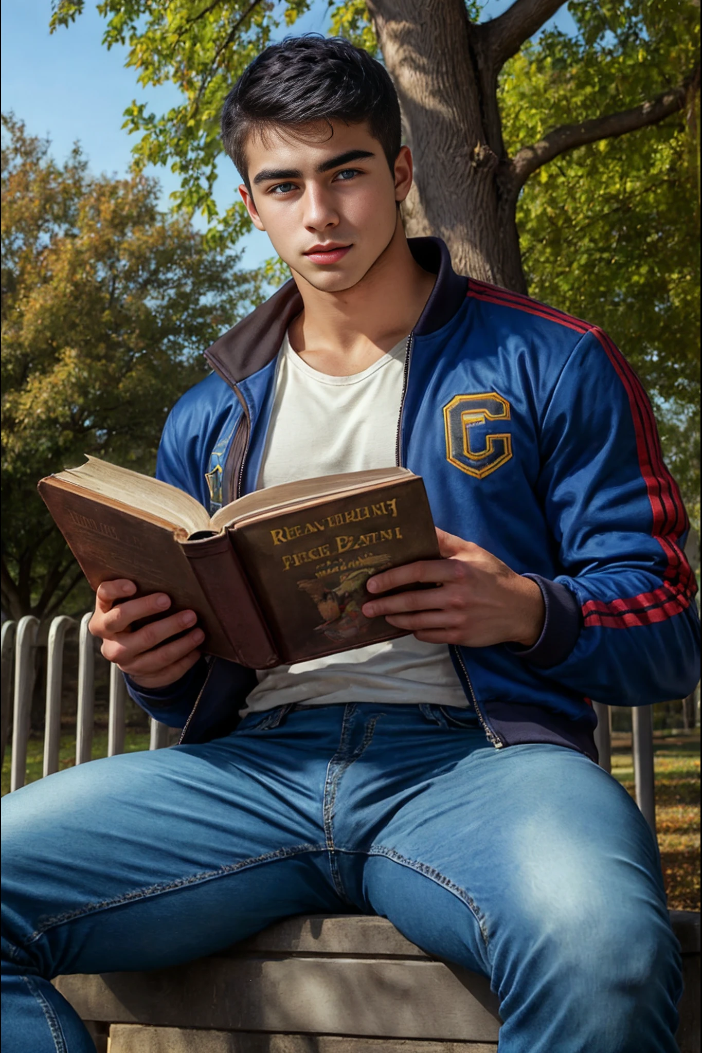 <lora:Damien_Caruso_GV:1>, 1boy, handsome, short black hair, blue eyes, Masterpiece, photo-realistic, Crystal clear, highly detailed, college man, wearing a varsity jacket and tight blue jeans with a nice crotch bulge, sitting under a tree on a college campus, reading a book and studying.