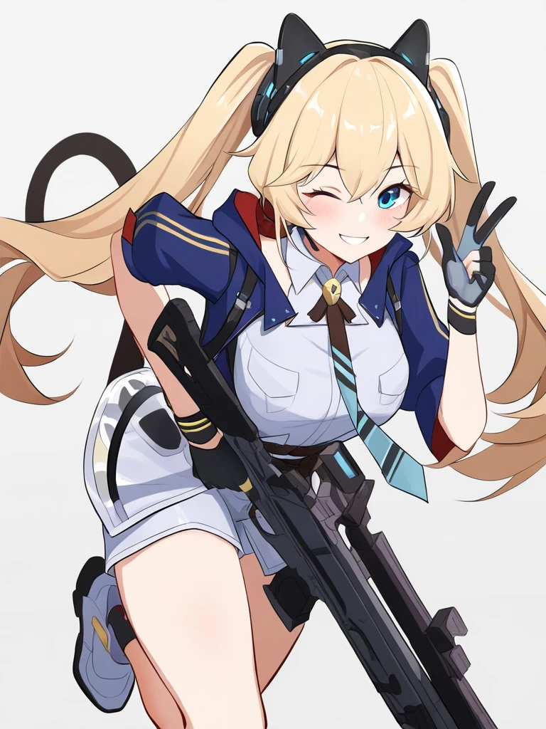 1girl,michelle\(calabiyau\),looking at viewer,simple background,smile,solo,tail,,one eye closed,holding weapon,robot_ears,rifle,running,<lora:michelle-000008:1>, masterpiece, best quality, very aesthetic, absurdres