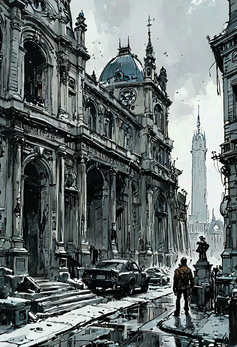 style by Jim Lee, Moebius, black and white illustration, dark night in lowkey, black sky, cinematic ground view of 2077 landscape of a frozen futuristic Paris, haussman architecture, Grand Palais, Le Louvre, Notre Dame,  post apocalyptic city, great composition, rules of third, organic city , (ultra realistic:1.2), bold lines, comics lineart, inked comics style,  concept art, crossing hatch, sketch, heavy inking, hard contrast, grungy white and black,two tones, black background <lora:_CHY_Vaporette_v01:-1.34>