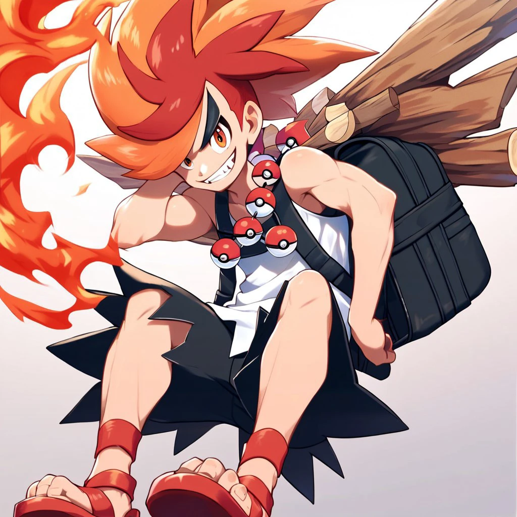 (masterpiece), score_9, score_8_up, score_7_up, score_6_up, score_5_up, score_4_up, source_anime, 1boy, solo, Benga, multicolored hair, orange hair, orange eyes, fangs , white shirt, black shorts, sandals, backpack, pokeballs necklace, grin, holding pokeball, looking at viewer, fire background