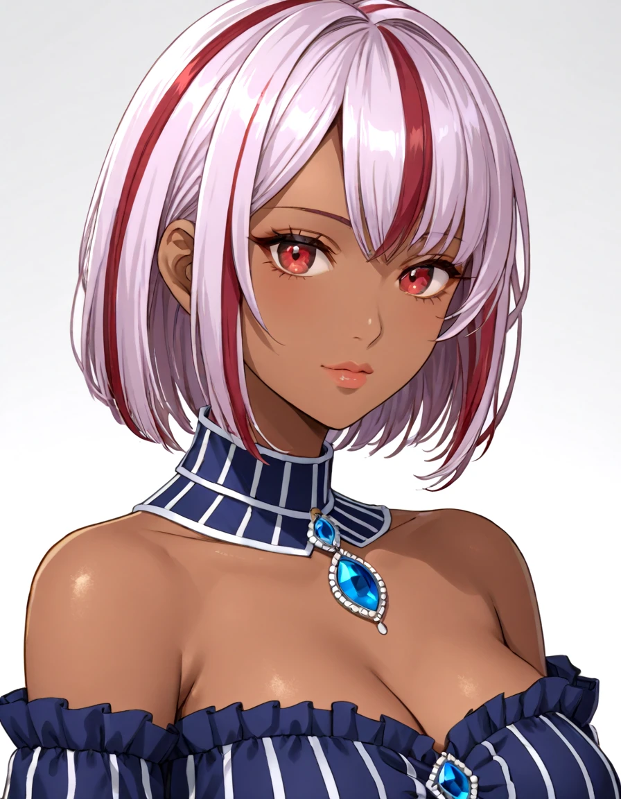 anime style, beautiful Humble Woman, Soft Hourglass Body, Deep Brown Skin skin, beautiful detailed Charming Face, Crimson eyes, Pale Violet gradient Wolf Cut hair, Grimace, Slate Blue Maritime Stripes Draped Top, best quality, ultra-detailed, sharp intricate details