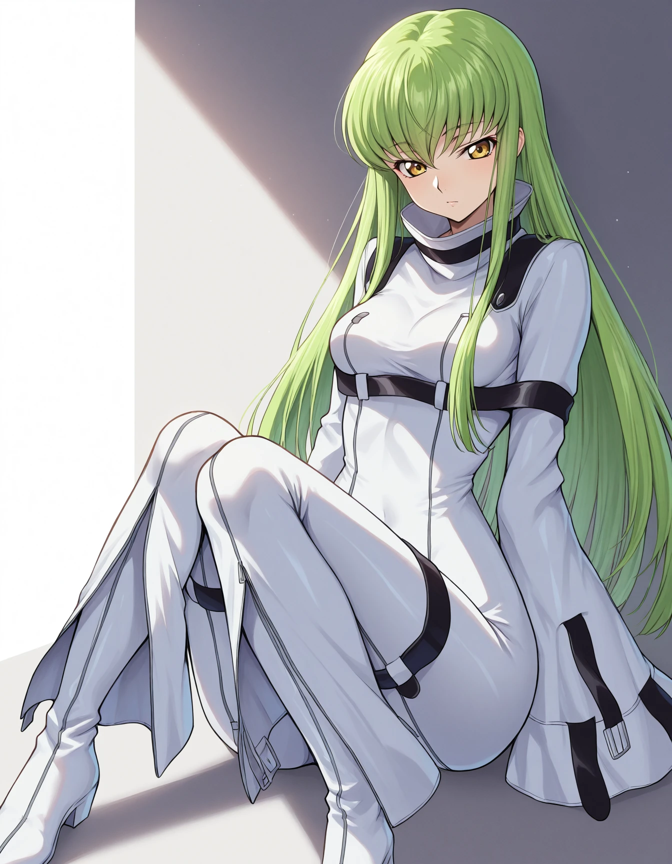 <lora:C.C:1>c.c., green hair, yellow eyes, long hair, 
white bodysuit, straitjacket,
sitting, boots,, masterpiece, best quality